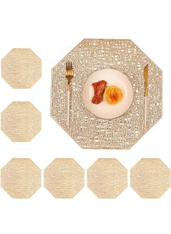 اشتري Hollow Out Set of 6 Placemats, Octagonal PVC Place Mat Vinyl Heat Insulation Washable Gold Table Mats for Dining Table-45x30CM في السعودية