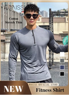 Buy Men Quick Dry and Breathable Round Neck Sweatshirt with Quarter Zip Long Sleeve Athletic Shirts Slim Fit Top for Running Basketball Workout Gym in UAE