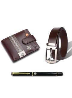 Buy Wallet and Belt Set with Ball Pen | 5 ATM Credit/Debit Card Slots | Fits Waist 28-46 | Ideal Birthday or Special Occasion Gift | Redwood Brown in UAE