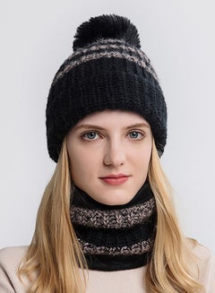 Buy 2-piece Winter Brimless Hat Scarf Set Thick Warm Knitted Plush Hat Neck Warm Windproof Suitable for Women Outdoor Sports Black in UAE