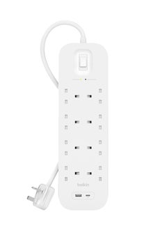 Buy Belkin 8-Outlet Surge Protector Power Strip, Wall-Mountable with 8 AC Outlets, 2M Power Cord, & Green Indicator Light - USB-C Port & USB-A Port w/ USB-C PD Fast Charging  900 Joules of Protection in Saudi Arabia