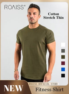 Buy Summer Fitness Short Sleeved T Shirt for Men Casual Breathable Cotton Top Quick Drying Slim Fit Tees in Saudi Arabia