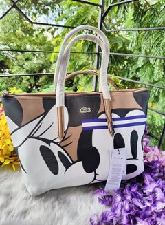 اشتري Lacoste Women's L12.12 Concept Fashion Versatile Large Capacity Zipper Handbag Tote Bag Shoulder Bag Large Size Printed Mickey Mouse Co branded Brown في السعودية
