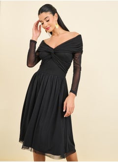 Buy Off Shoulder Neck Twist Detail Mesh Knee Length Dress in Saudi Arabia