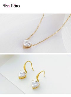 اشتري 14K Gold Plated Heart Shape zircon Stainless Steel Necklace Earrings Set For Women Girls في الامارات