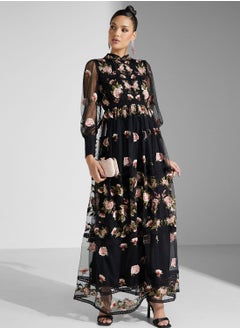 Buy Floral Embroidered Puff Sleeve Dress in Saudi Arabia