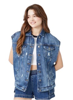 Buy Distressed Button-Front Denim Vest in Egypt