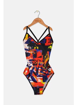 Buy Women Allover Print 1 Piece Swimsuit, Black Combo in Saudi Arabia