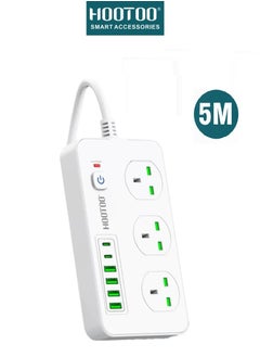 Buy Electrical Extension Socket 3000W With 3 Way Power Socket and 4*USB Ports & 2*Type-C Ports 20W PD. 5 Meters Length White from Hootoo in Saudi Arabia