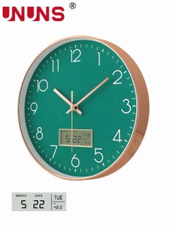 Buy Plastic Frame Wall Clock,Green Rose Gold Frame Digital Wall Clock With Date And Temperature,12 Inch Non-Ticking Round Wall Clock For Home,Decorative Wall Clocks in UAE