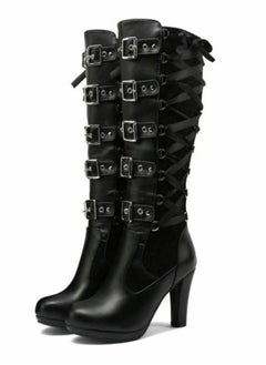 Buy Women Lace Goth Knee High Boots Buckle Block Heel Lace Up Knee Boots Punk Platform Back Zipper Riding Bootie Black in Saudi Arabia