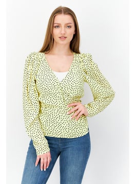 اشتري Women Surplice Neck Long Sleeves Polka Dots Blouse, Yellow في السعودية