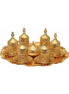 Buy Turkish Greek Arabic Coffee Serving Set for Six – Includes Glass Cups, Copper Saucers, Cup Holders, Lids, Sugar Bowl with Lid, and Copper Tray – Antique Gold Finish, Crafted in Türkiye in Saudi Arabia