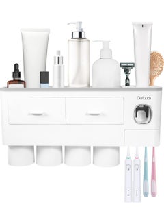 Buy ToothBRush Holder Wall Mounted Adhesive Automatic Toothpaste Dispenser Space Saving ToothBRush Organizer With DUStproof Cover Cups And Drawers Cosmetic Organizer 4 Cups (No Drill Need) in Saudi Arabia