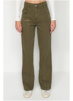 Buy Khaki Pocket Detailed Zipper High Waist Wide Leg Jeans TWOAW24JE00263 in Egypt