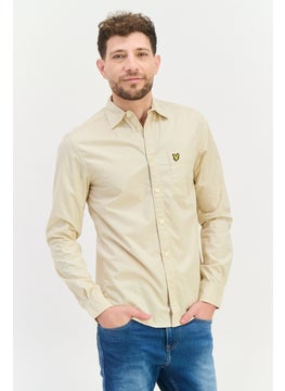 اشتري Men Regular Fit Embroidered Logo Long Sleeves Casual Shirt, Beige في الامارات