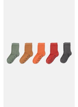 Buy Kids Boy 5 Pair Plain Cotton Socks, Green and Grey and Orange Combo in UAE