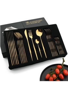Buy 24 Pcs Stainless Steel Sleek Gold Plated Kitchen High Quality Cutlery Tableware Set Fork Spoon Knife in Velvet Gift Kraft Box in UAE