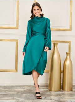 Buy Satin High Neck Self Tie Up A-Line Midi Dress in Saudi Arabia