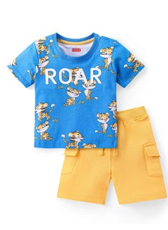 Buy Babyhug Single Jersey Knit Half Sleeves T-Shirt & Short Set With Roar Tiger Print- Blue & Yellow(9-24M&2-4Y) in UAE