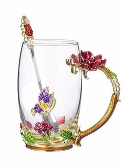 Buy Enamel Glass Mug Flower Crystal Clear Novelty Glass Tea Cup Coffee Cups Travel Mugs Elaborate Flower Handle and Beautiful Spoon and Lid for Women Birthday Valentines Wedding Day Gifts in UAE