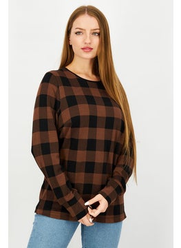 اشتري Women Round Neck Long Sleeve Checkered Sweatshirt, Brown and Black في الامارات