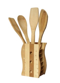 Buy 5 Piece Wooden Cooking Spoon Set with Holder Beige/Brown in Saudi Arabia