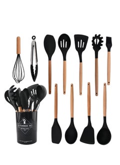 Buy Silicone Cooking Utensils Kitchen Utensil Set,12 PCS Wooden Handle Nontoxic BPA Free Silicone Spoon Spatula Turner Tongs Kitchen Gadgets Utensil Set for Nonstick Cookware with Holder(BLACK) in UAE