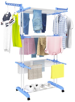 Buy Large 4-Tier Foldable Clothes Drying Rack with 4 Casters Movable Multi-Function Stainless Steel Clothes Drying Rack in Saudi Arabia