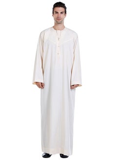 Buy Mens Solid Color Concise Style Round Neck Long Sleeve Abaya Robe Islamic Arabic Casual Kaftan Light Beige in UAE