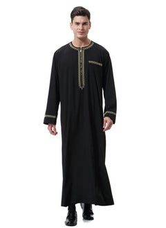 Buy Mens Jacquard Muslim Clothing Long Sleeve Kaftan Robe With Pockets And Zipper Islamic Arabic Abaya Clothes Black in Saudi Arabia