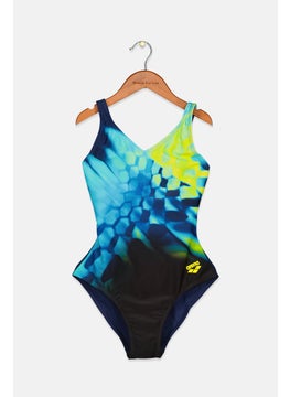 Buy Women Colorblock One Piece Swimwear, Navy Blue and Light Blue and Yellow in Saudi Arabia