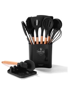 Buy Silicone Cooking Utensil Set, 11 pcs Silicone Kitchen Utensil Set, Wooden Handles Utensils Tool for Nonstick Cookware, Kitchen Tools Set With Storage Bucket and Lid Rest in Saudi Arabia