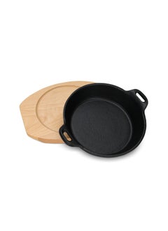 Buy Cast Iron with Tray 18x4.4cm, Sizzling Plate with Two Side Handles And Wooden Tray, Sizzler, Great For Seafoods, Vegetables And Grill Foods in UAE