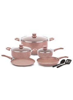 اشتري Easycook 10 Piece Marble Coating Non-Stick Cookware Set | 30cm,24cm Casserole With Glass Lid | 18cm Sauce Pan | 26cm Fry Pan | 28cm Flat Tawa | 2 Pcs Nylon Turner في الامارات