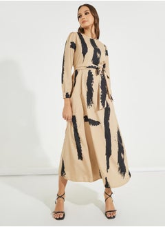 Buy Brush Pattern A-Line Maxi Dress with Tie Belt in Saudi Arabia