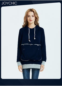 Buy Women Autumn and Winter Warm Loose Medium Length Style Casual Pullover Long Sleeve Hoodie with Large Pocket Navy Blue in UAE