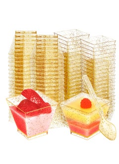 Buy Mini Glitter Dessert Cups, Disposable Square Plastic Cake Cups with Spoons Set for Parties Birthday Parties Dinner Party 60ml Small Quartet of Cups Tasting Cups 100pcs (50 Dessert Cups + 50 Spoons) in UAE