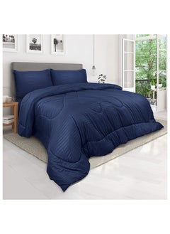 اشتري Down Alternative Comforter  Set -Ultra Soft Brushed Stripe Microfiber Fabric, 200GSM Soft Fibersheet Filling, Size : Double  220 x 240cm , Color: Navy Blue في الامارات