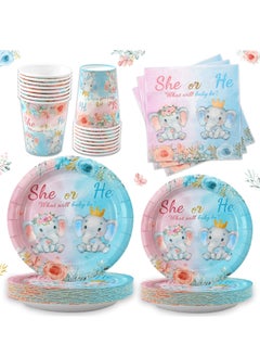 Buy Watercolor Elephant Gender Reveal Party Supplies - Blue & Pink Plates, Napkins, and Cups for 16 Guests - Celebrate "He or She?" with Adorable Tableware for Baby Shower! in Saudi Arabia