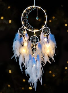 Buy LED Light Up Dream Catcher Half Circle Moon Decor with Lights Handmade Feather Dreamcatchers for Bedroom Bohemian Home Wedding Ornament Craft Gift, Blue in UAE