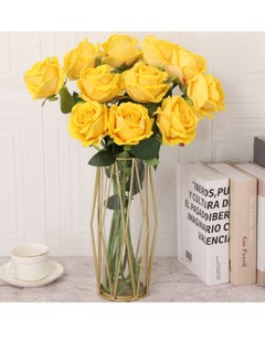 Buy 12-Piece Artificial Roses Silk Bridal Wedding Bouquet Realistic Flower Yellow/Green in Saudi Arabia