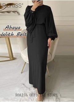 اشتري Abaya with Belt for Women Ladies Long Sleeve Dress Classic Style Lantern Sleeve Tunic Round Neck Casual Elegant Dress for Daily Outfit في الامارات