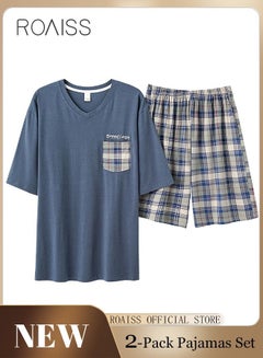 Buy 2-Piece Pajama Set Men's Modal Short-Sleeved T-Shirt Short Pants Sets Grid Pattern Sleepwear Nightgown Male Loose Spring Summer Thin Loungewear Home Clothes Blue in UAE