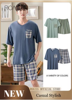 اشتري 2-Piece Pajama Set Men's Modal Short-Sleeved T-Shirt Short Pants Sets Grid Pattern Sleepwear Nightgown Male Loose Spring Summer Thin Loungewear Home Clothes Blue في الامارات