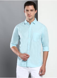 Buy Men's Slim Fit Light Blue Casual Cotton Spread Shirt in Saudi Arabia