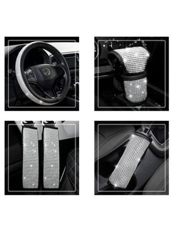 Buy Universal Car Accessories Set Of 5 Pieces Crystal Steering Wheel Cover, Diamond Handbrake Cover, seat belt cover and Diamond Gear Shift Knob Cover Accessory for car - Silver /Black in Egypt