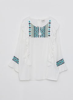 Buy Crew Neck Embroidered Long Sleeve Viscose Girl's Blouse in Saudi Arabia
