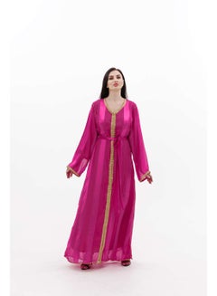 Buy LONG CLASSY SIMPLE FUCHSIA PINK COLOUR FRONT LACE BUTTON LINING ARABIC KAFTAN JALABIYA DRESS in Saudi Arabia