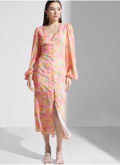 Buy Floral Print Balloon Sleeve Dress in UAE